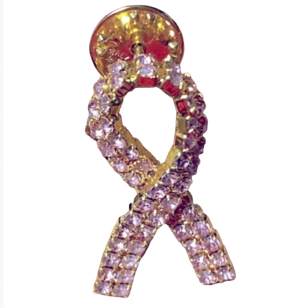 Vintage Ballou Pink Rhinestone Pink Ribbon Breast Cancer Lapel Pin Ladies Brooch